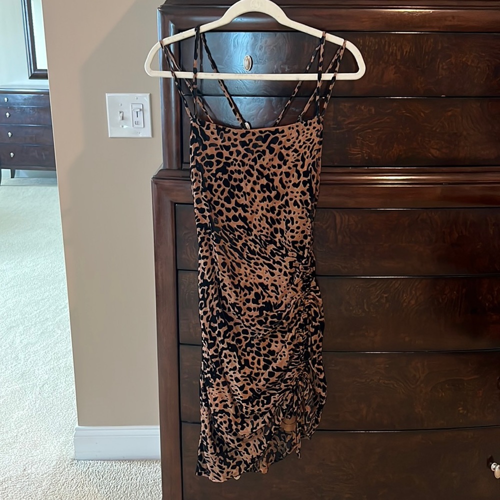Cheetah print dress, asymmetrical, criss cross straps, ruched side with tie